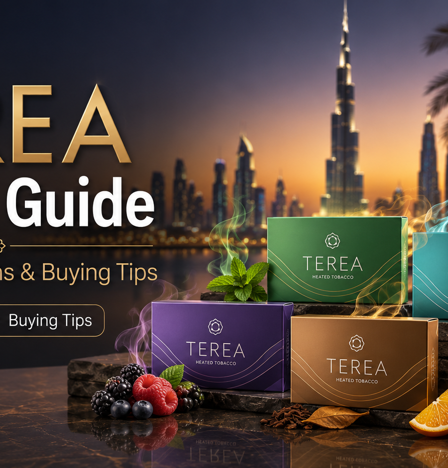 TEREA Dubai Guide feature image showing multiple TEREA flavors with the Dubai skyline, Burj Khalifa, mint, berries, citrus, and buying tips.