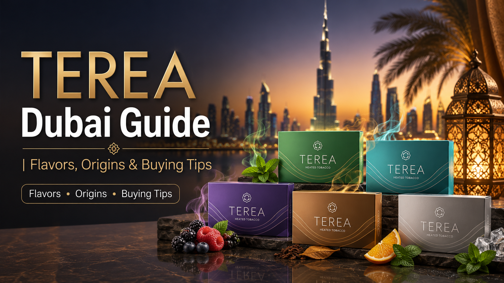 TEREA Dubai Guide feature image showing multiple TEREA flavors with the Dubai skyline, Burj Khalifa, mint, berries, citrus, and buying tips.