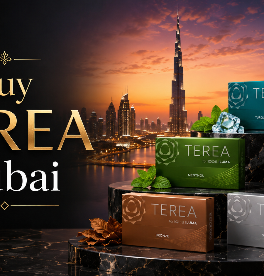 Buy TEREA Dubai feature image showing multiple TEREA flavors with the Dubai skyline, Burj Khalifa, mint, berries, citrus, and ice.