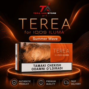 TEREA Summer Wave pack for IQOS ILUMA in Uzbekistan, featuring orange packaging and an Uzbek smoking health warning.