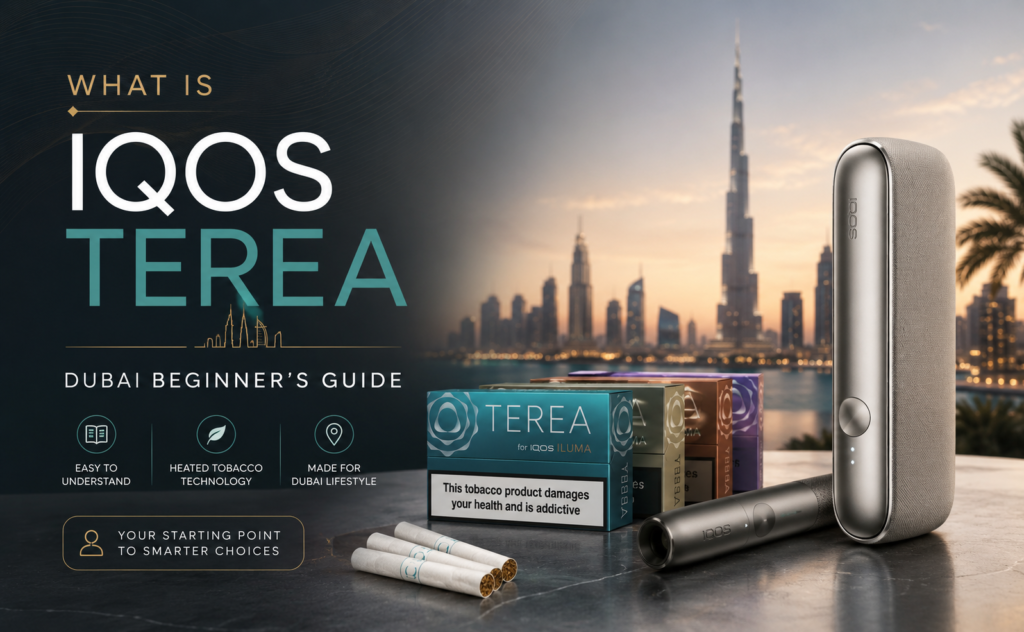 IQOS TEREA device and tobacco stick packs with Dubai skyline for a beginner’s guide.