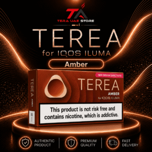 A pack of Swiss edition IQOS Terea Amber heated tobacco sticks on a white background.
