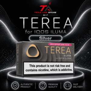 A pack of edition IQOS Terea Silver heated tobacco sticks on a white background.