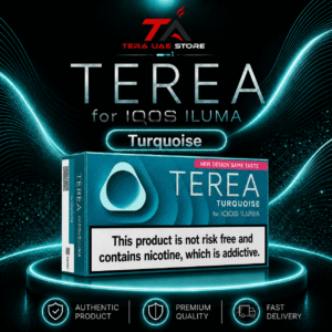 A pack of Swiss edition IQOS Terea Turquoise heated tobacco sticks on a white background.