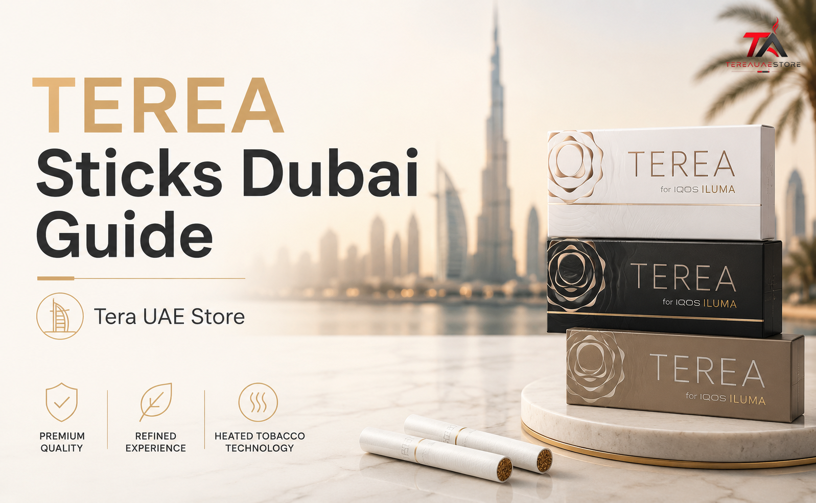 TEREA sticks and premium packs displayed with the Dubai skyline for the Tera UAE Store guide.
