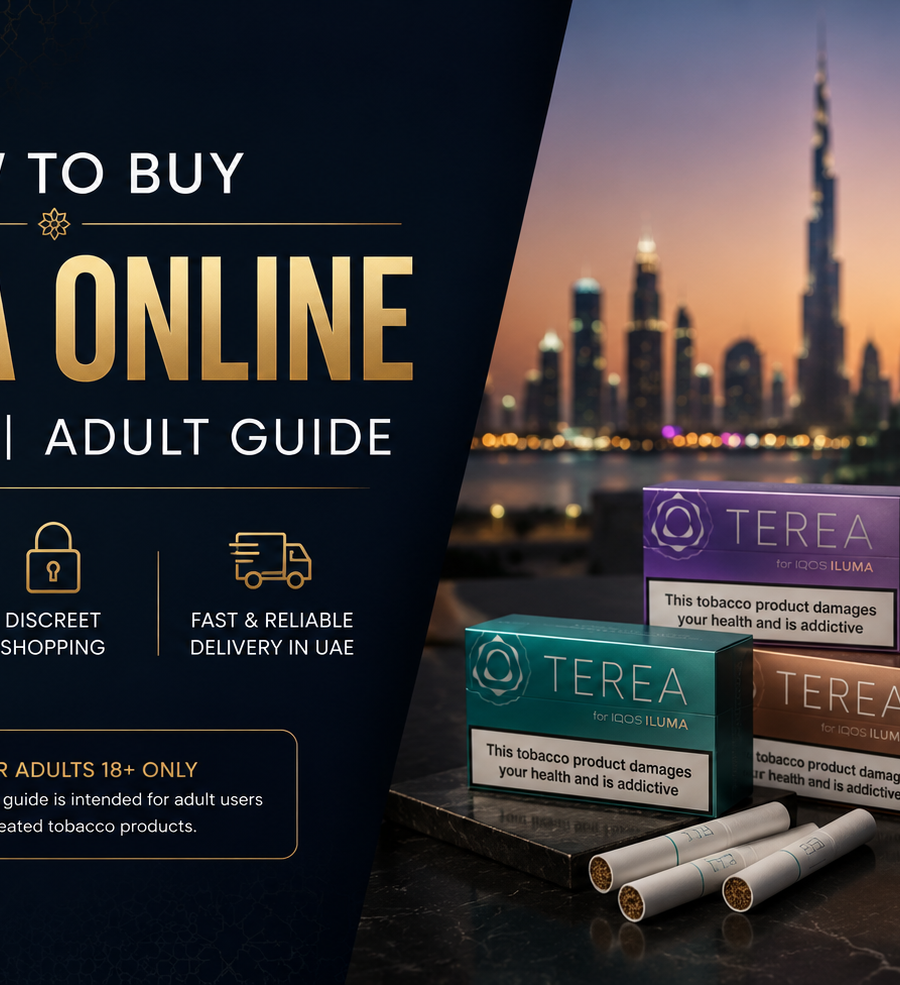 Feature image showing TEREA packs, IQOS device, and Dubai skyline for an adult guide to buying TEREA online in Dubai.