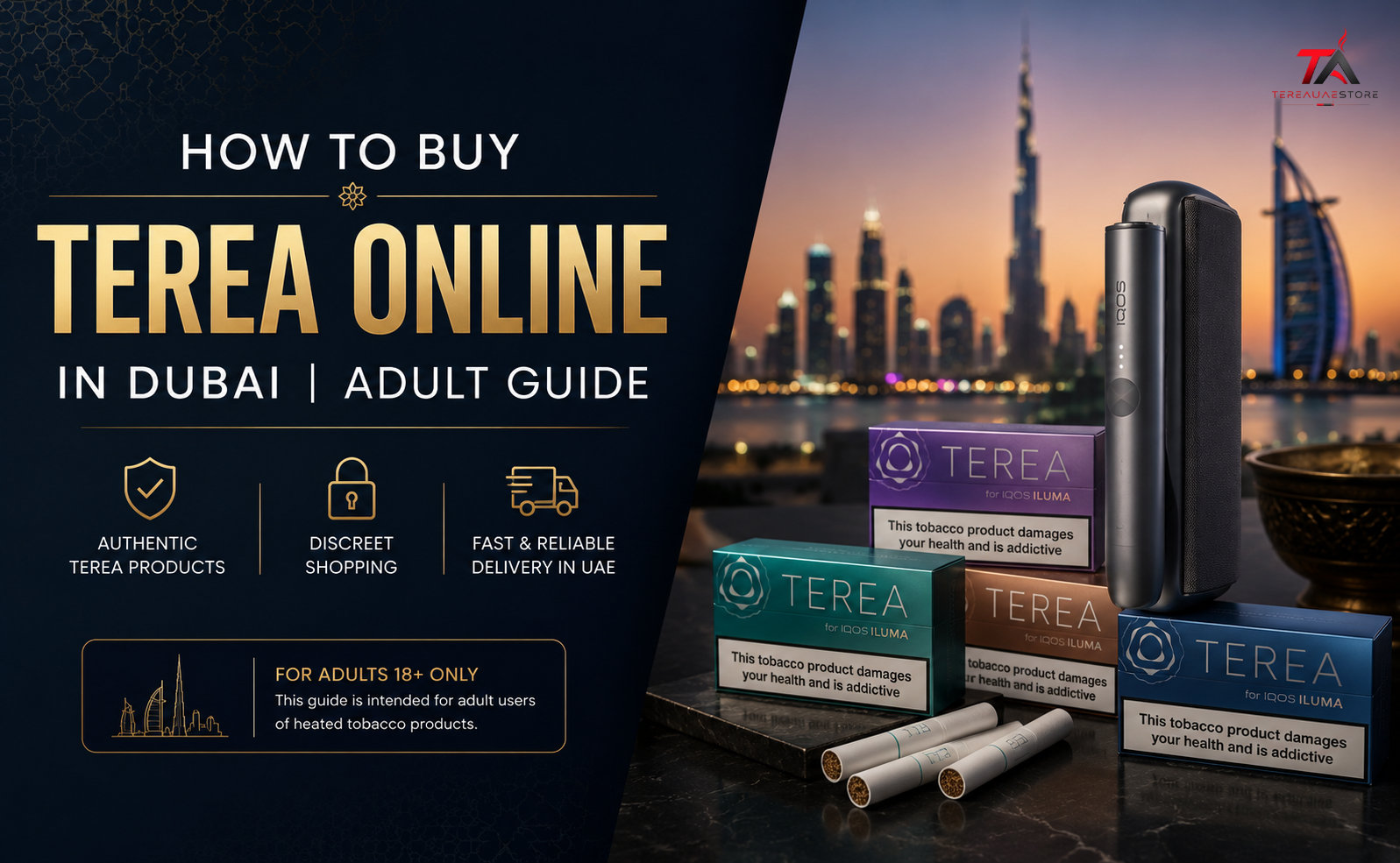 Feature image showing TEREA packs, IQOS device, and Dubai skyline for an adult guide to buying TEREA online in Dubai.