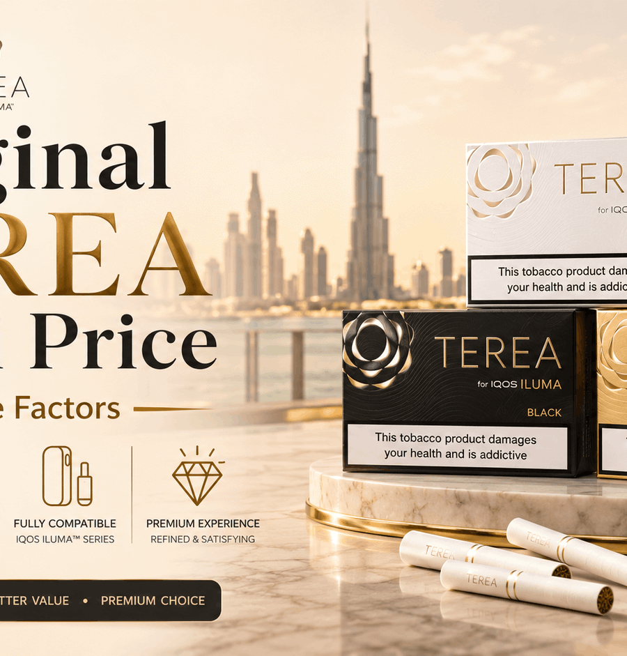 Original TEREA packs displayed with Dubai skyline highlighting key value factors, authenticity, quality, and IQOS ILUMA compatibility.