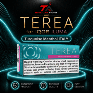 IQOS TEREA Turquoise Menthol Italy with crisp menthol, lightly toasted tobacco and subtle zesty aroma notes