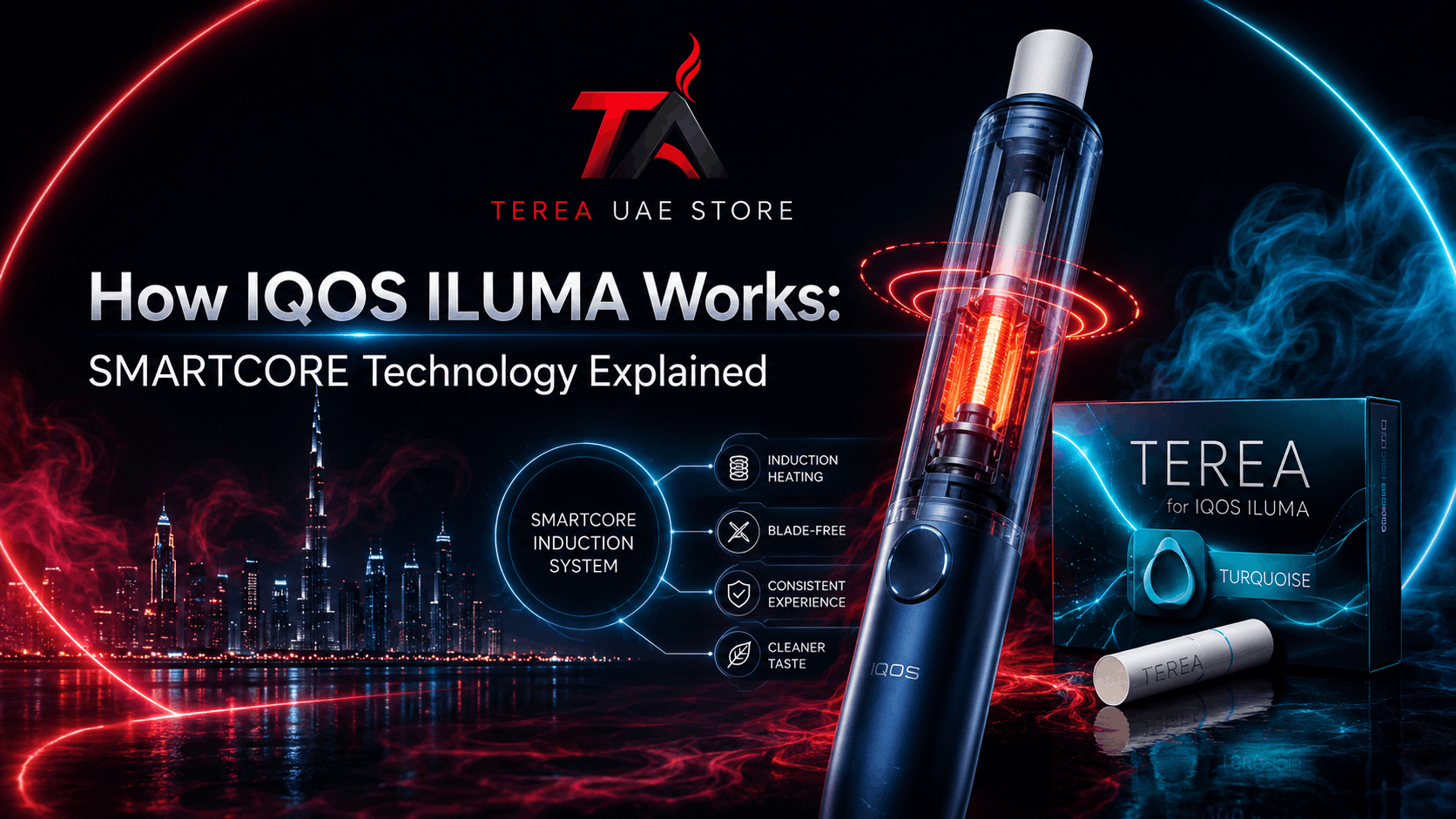 IQOS ILUMA device with TEREA pack illustrating SMARTCORE induction technology and blade-free heating system in Dubai.
