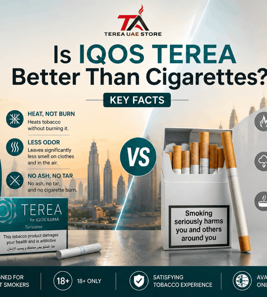 IQOS ILUMA and TEREA compared with traditional cigarettes in Dubai, highlighting key differences between heated tobacco and smoking.