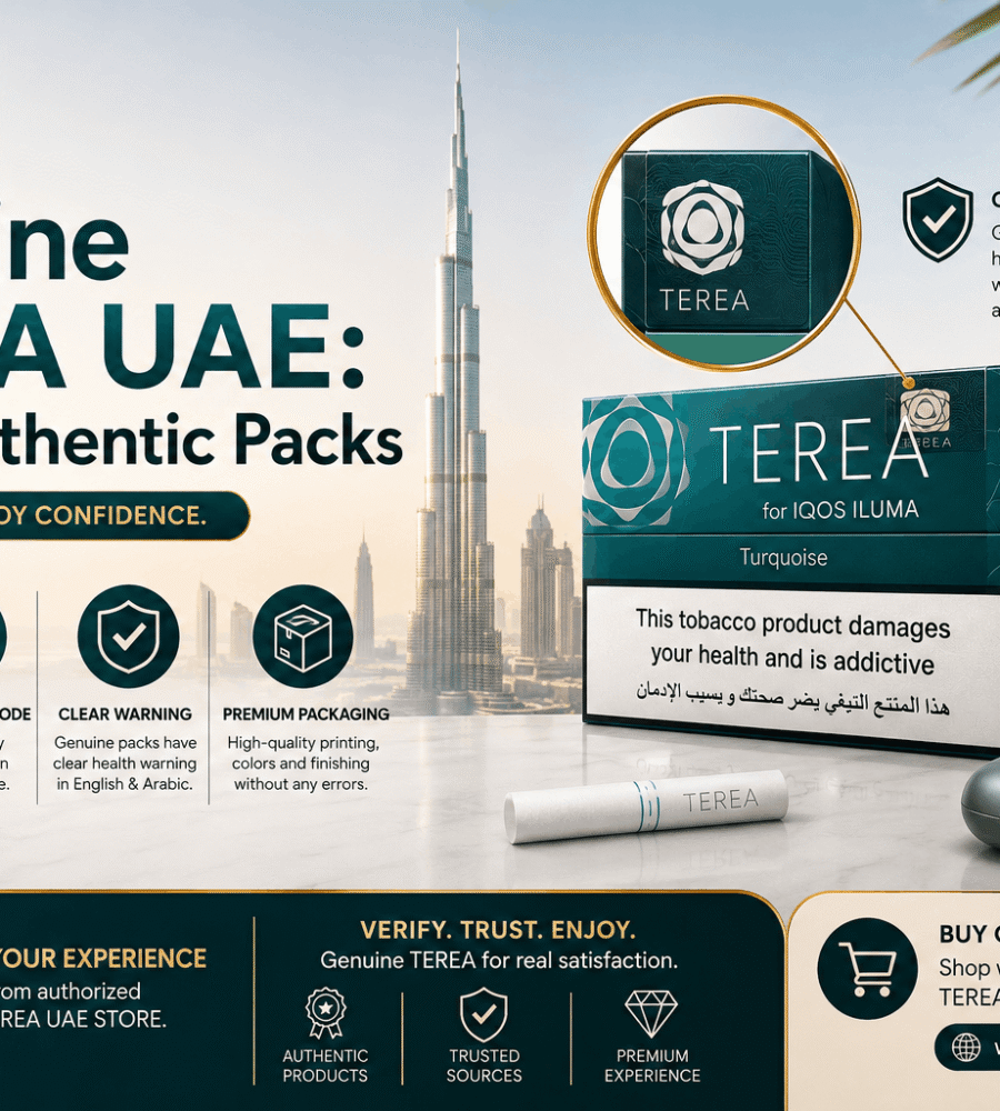 Genuine TEREA UAE packs with IQOS ILUMA device, Dubai skyline, and authenticity checks for seals, QR codes, warnings, and packaging.