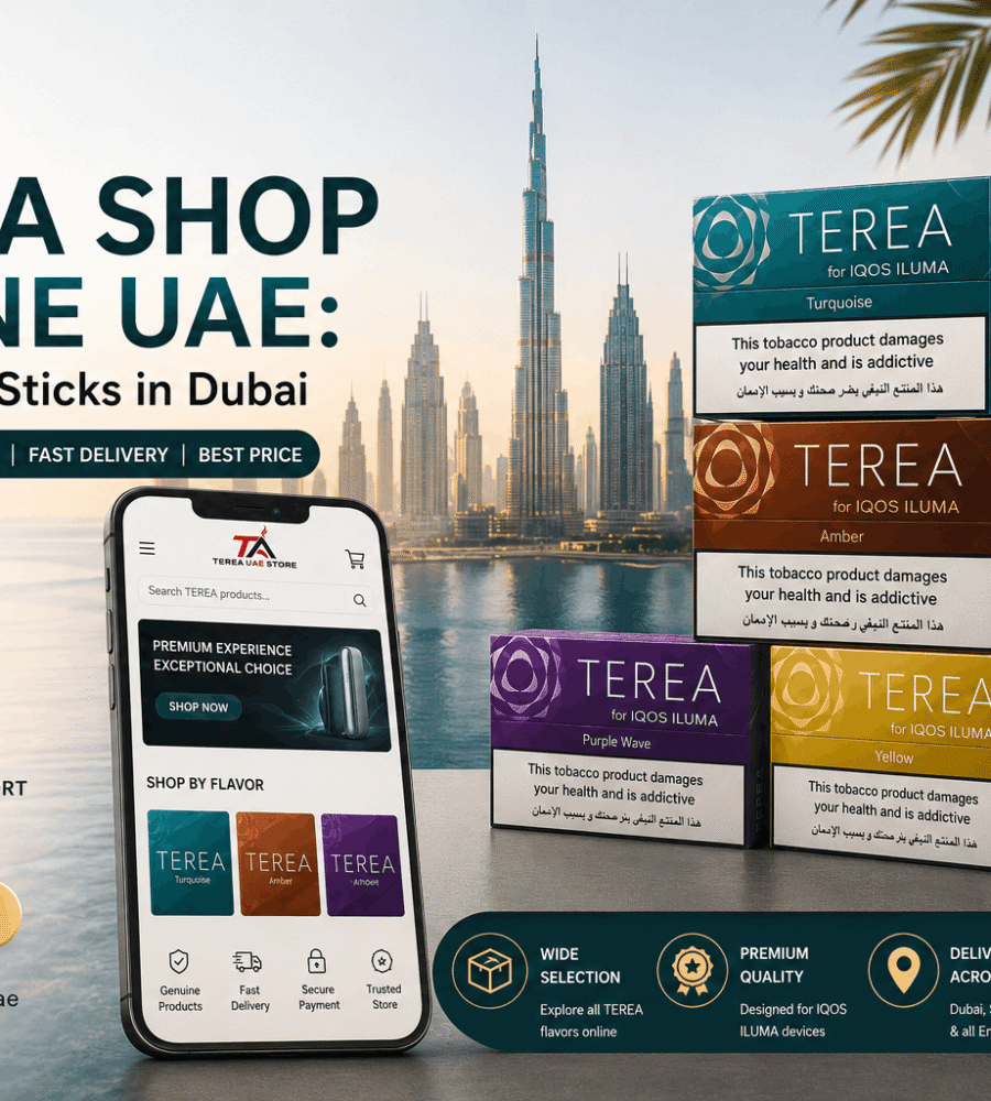 TEREA packs and IQOS ILUMA devices displayed with Dubai skyline for online ordering and delivery across the UAE.