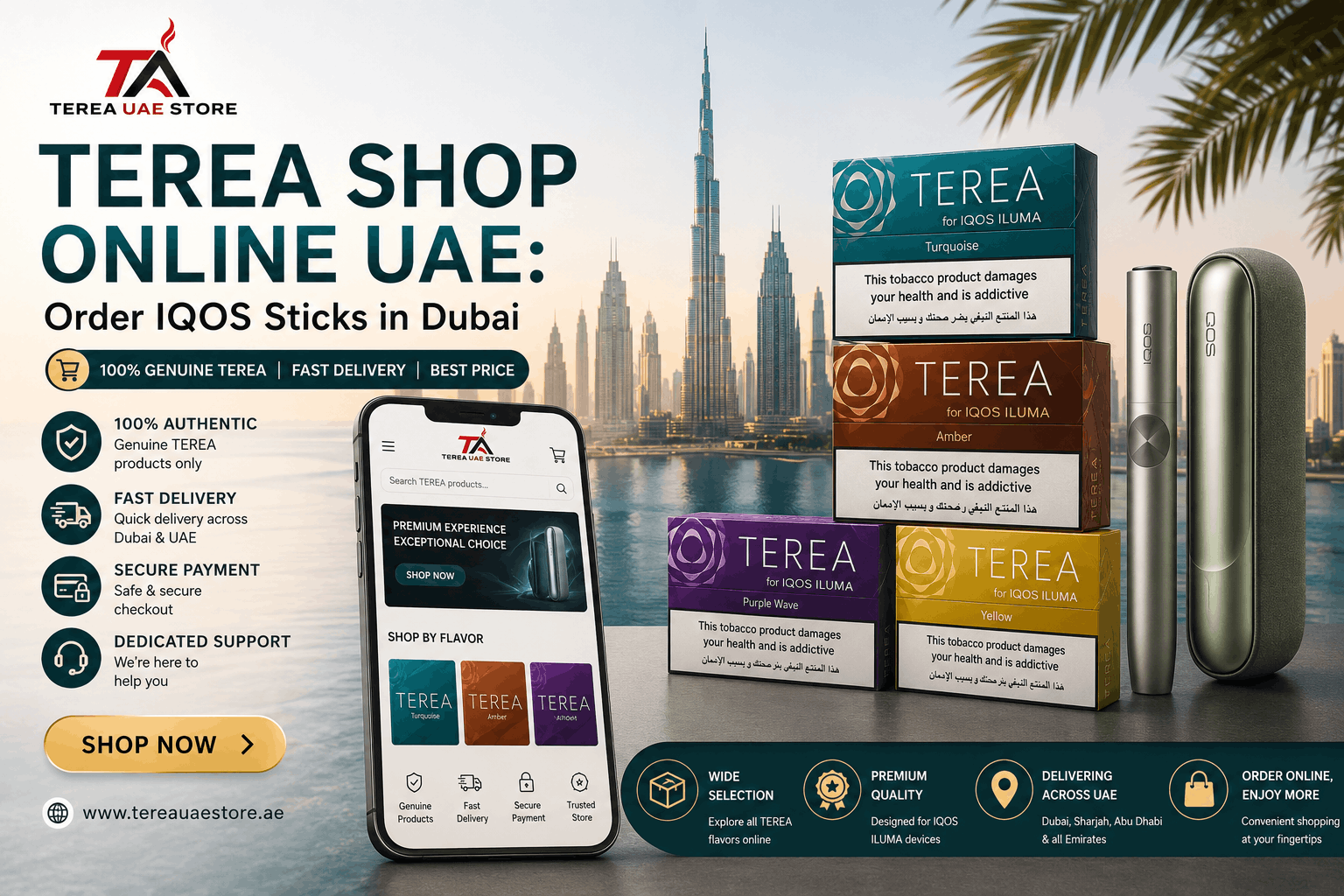 TEREA packs and IQOS ILUMA devices displayed with Dubai skyline for online ordering and delivery across the UAE.