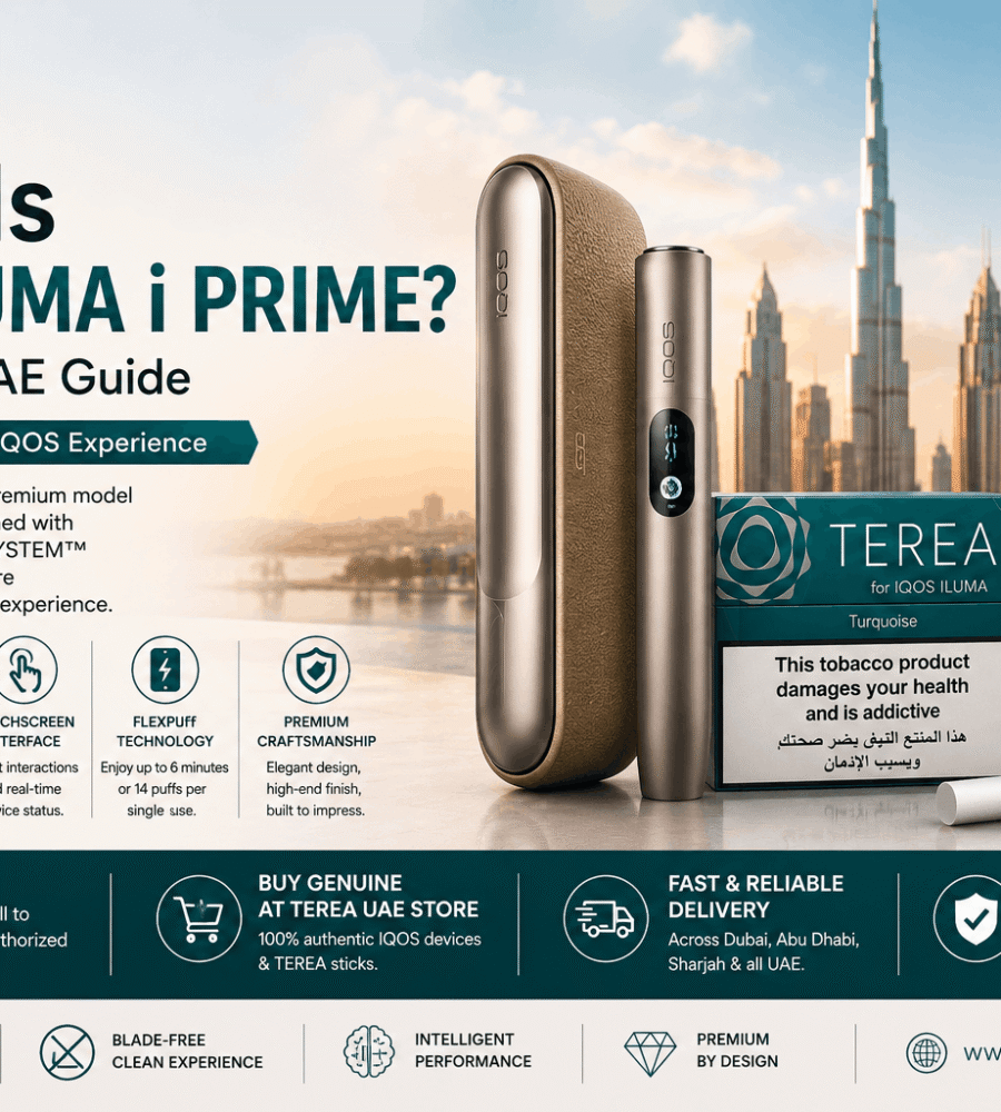 IQOS ILUMA i PRIME device with TEREA pack in Dubai, highlighting SMARTCORE technology, blade-free heating, touchscreen features, and UAE availability.
