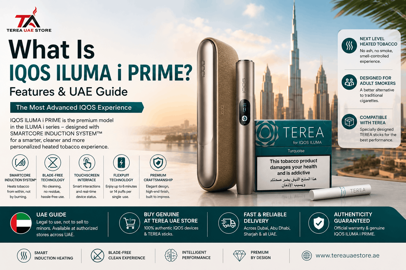 IQOS ILUMA i PRIME device with TEREA pack in Dubai, highlighting SMARTCORE technology, blade-free heating, touchscreen features, and UAE availability.
