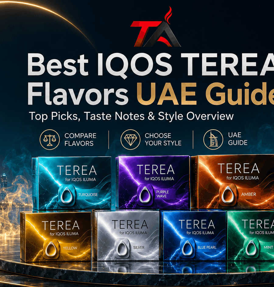 Best IQOS TEREA flavors in the UAE displayed with colorful TEREA packs, IQOS ILUMA device, and Dubai skyline.