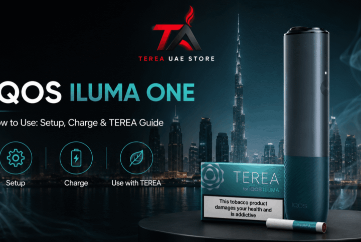 IQOS ILUMA ONE device with TEREA pack in Dubai, showing setup, charging, and TEREA usage guidance.