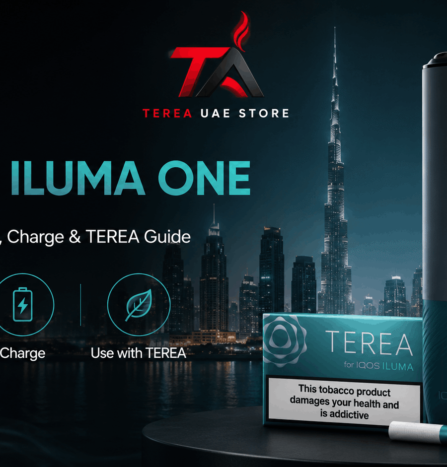 IQOS ILUMA ONE device with TEREA pack in Dubai, showing setup, charging, and TEREA usage guidance.