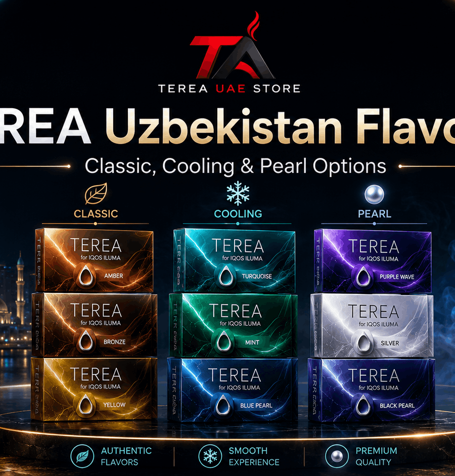 TEREA Uzbekistan flavors displayed in classic, cooling, and pearl varieties with colorful packs and an IQOS ILUMA device.