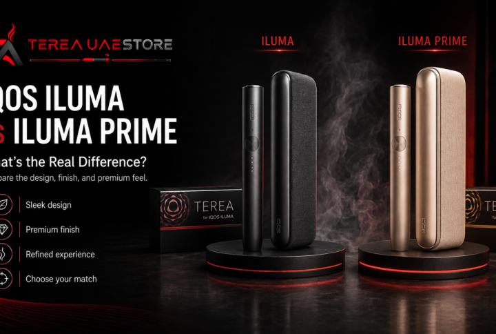 Promotional banner comparing IQOS ILUMA and IQOS ILUMA PRIME devices, with headline text on the left and both devices displayed side by side with TEREA packs on a dark premium background.