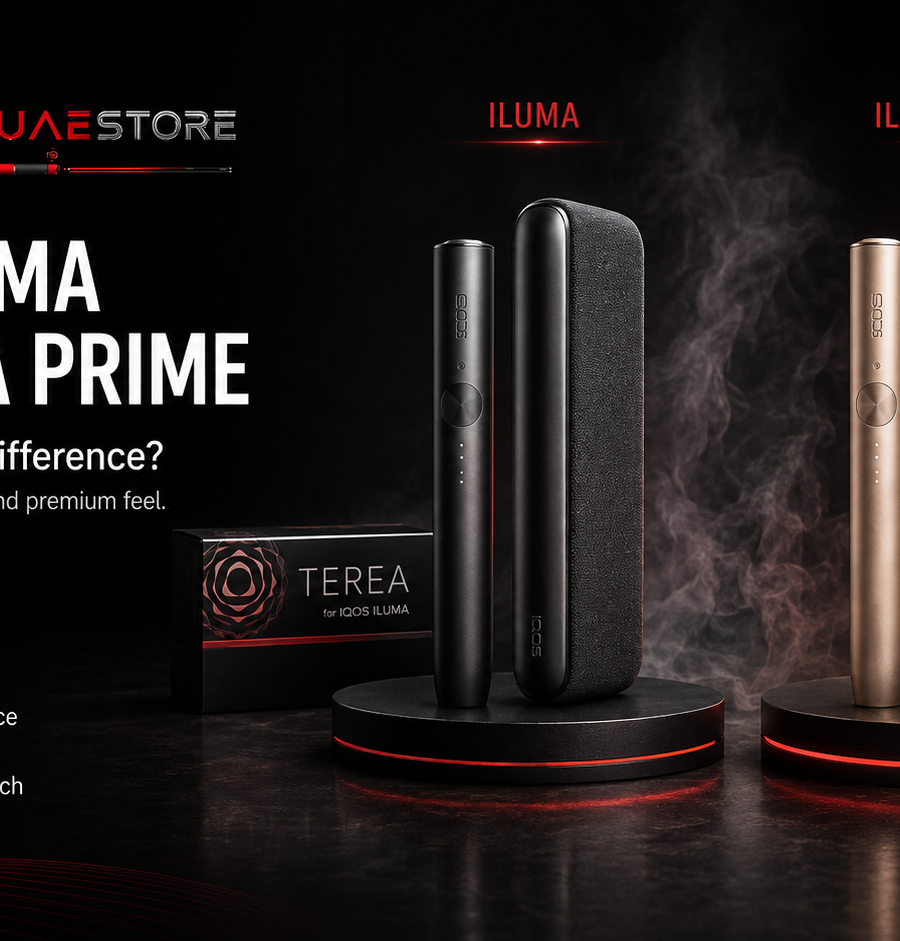 Promotional banner comparing IQOS ILUMA and IQOS ILUMA PRIME devices, with headline text on the left and both devices displayed side by side with TEREA packs on a dark premium background.