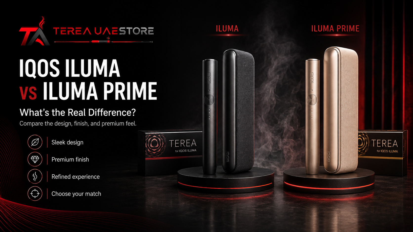 Promotional banner comparing IQOS ILUMA and IQOS ILUMA PRIME devices, with headline text on the left and both devices displayed side by side with TEREA packs on a dark premium background.