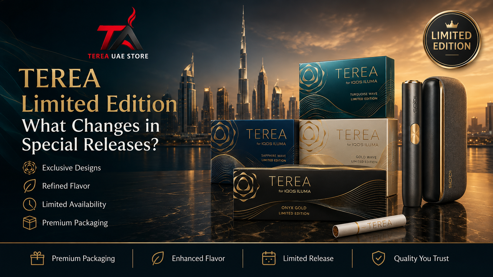 TEREA Limited Edition packs with IQOS ILUMA device showing special release designs, premium packaging, and exclusive flavor variations.