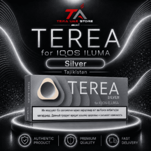 A pack of Tajikistan edition IQOS Terea Silver heated tobacco sticks on a white background.