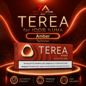 A pack of Tajikistan edition IQOS Terea Amber heated tobacco sticks on a white background.