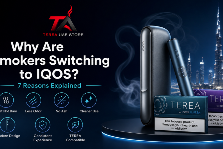 IQOS ILUMA device with TEREA packs in Dubai showing seven reasons smokers are switching to heated tobacco products.