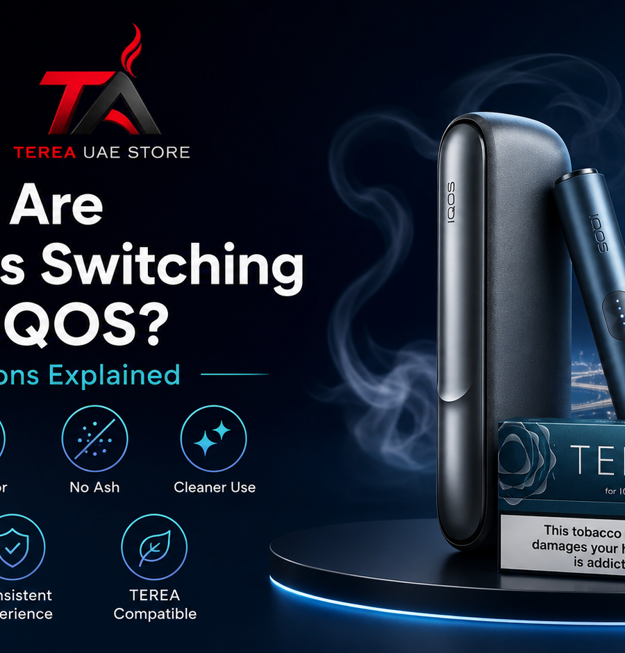 IQOS ILUMA device with TEREA packs in Dubai showing seven reasons smokers are switching to heated tobacco products.