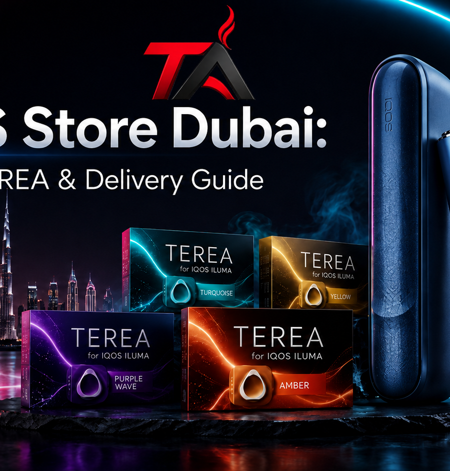 IQOS ILUMA device and colourful TEREA packs displayed with the Dubai skyline and Terea UAE Store logo.