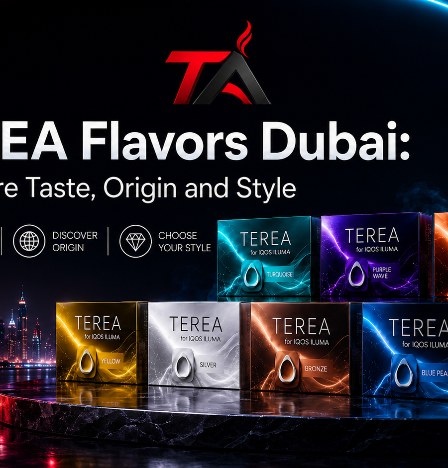 Colorful TEREA flavors displayed with Dubai skyline, showing different taste, origin and style options for IQOS ILUMA users.