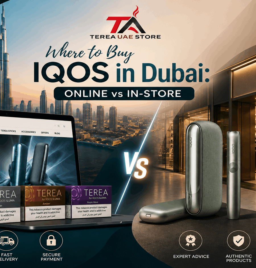 IQOS ILUMA and TEREA products shown in a Dubai online vs in-store shopping comparison with the Terea UAE Store logo.