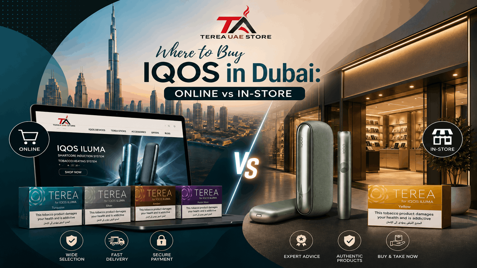 IQOS ILUMA and TEREA products shown in a Dubai online vs in-store shopping comparison with the Terea UAE Store logo.