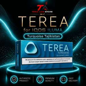 TEREA Turquoise Tajikistan pack for IQOS ILUMA with blue turquoise design and Tera UAE Store branding.