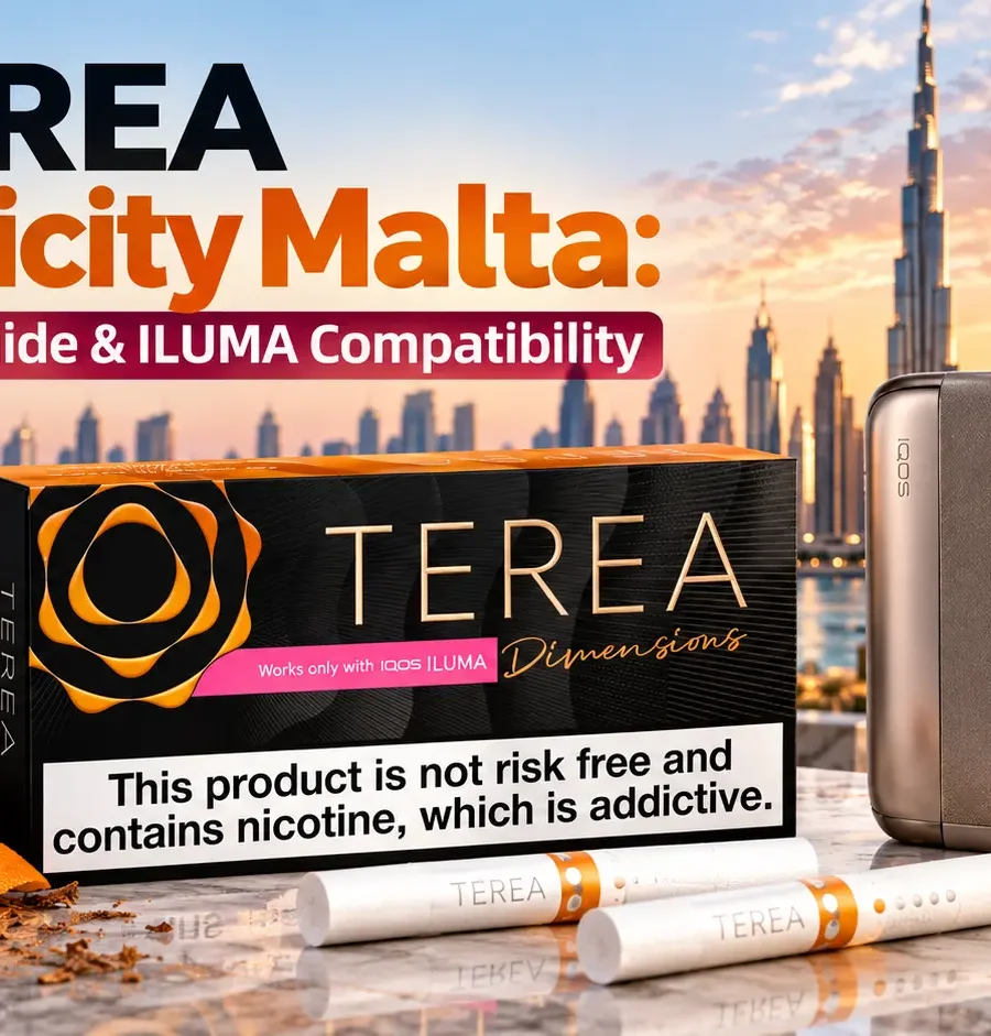 TEREA Apricity Malta pack with IQOS ILUMA device and TEREA sticks, featuring its black and orange Dimensions packaging in a premium Dubai skyline setting.