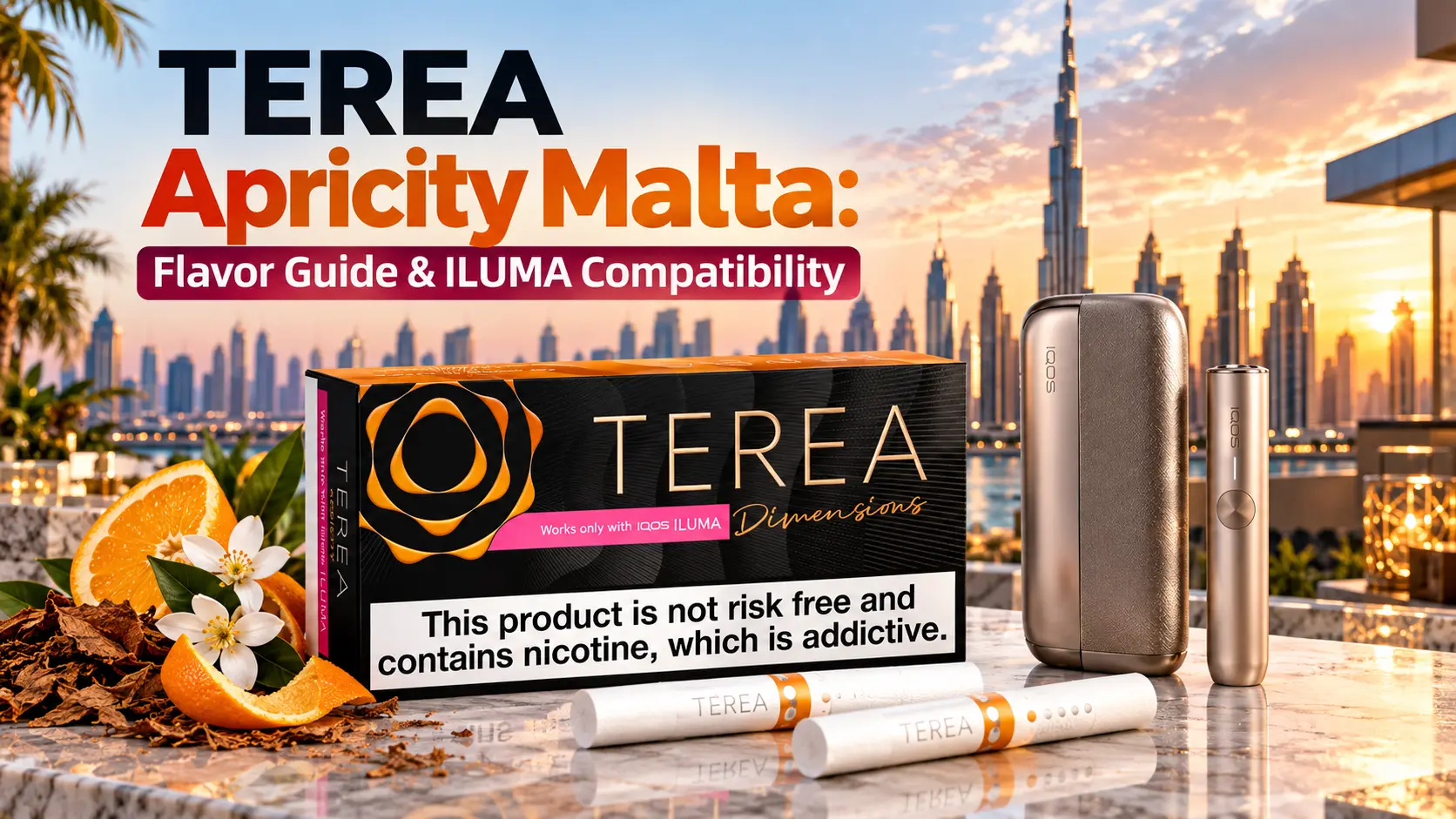 TEREA Apricity Malta pack with IQOS ILUMA device and TEREA sticks, featuring its black and orange Dimensions packaging in a premium Dubai skyline setting.