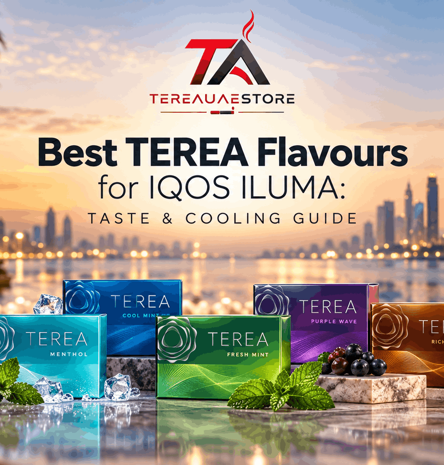 Best TEREA flavours for IQOS ILUMA featuring multiple TEREA packs, cooling and regular taste options, IQOS device, and Dubai skyline background.