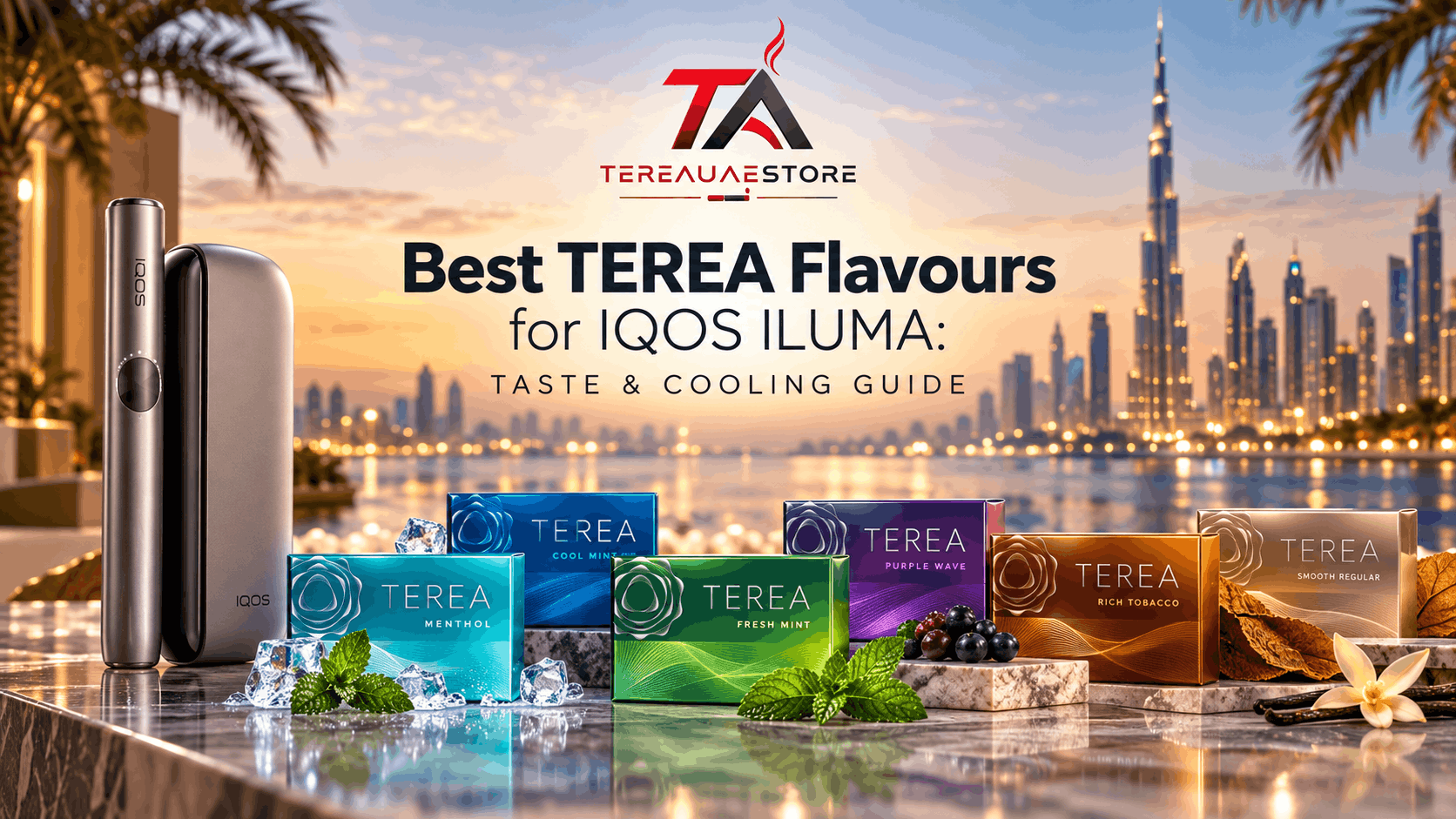 Best TEREA flavours for IQOS ILUMA featuring multiple TEREA packs, cooling and regular taste options, IQOS device, and Dubai skyline background.