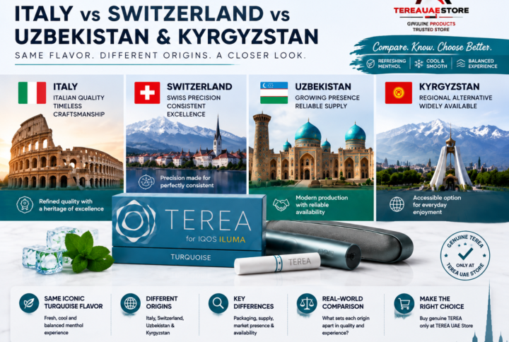 TEREA Turquoise comparison featuring Italy, Switzerland, Uzbekistan, and Kyrgyzstan origins with IQOS ILUMA device and TEREA UAE Store branding.