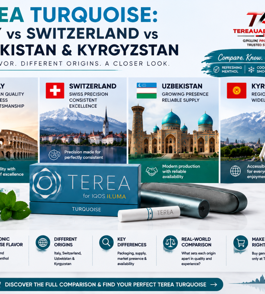 TEREA Turquoise comparison featuring Italy, Switzerland, Uzbekistan, and Kyrgyzstan origins with IQOS ILUMA device and TEREA UAE Store branding.