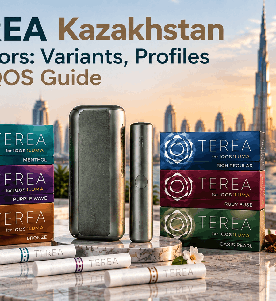 TEREA Kazakhstan flavor variants displayed with IQOS ILUMA device, including menthol, regular, bronze, and capsule options with a premium Dubai skyline background.