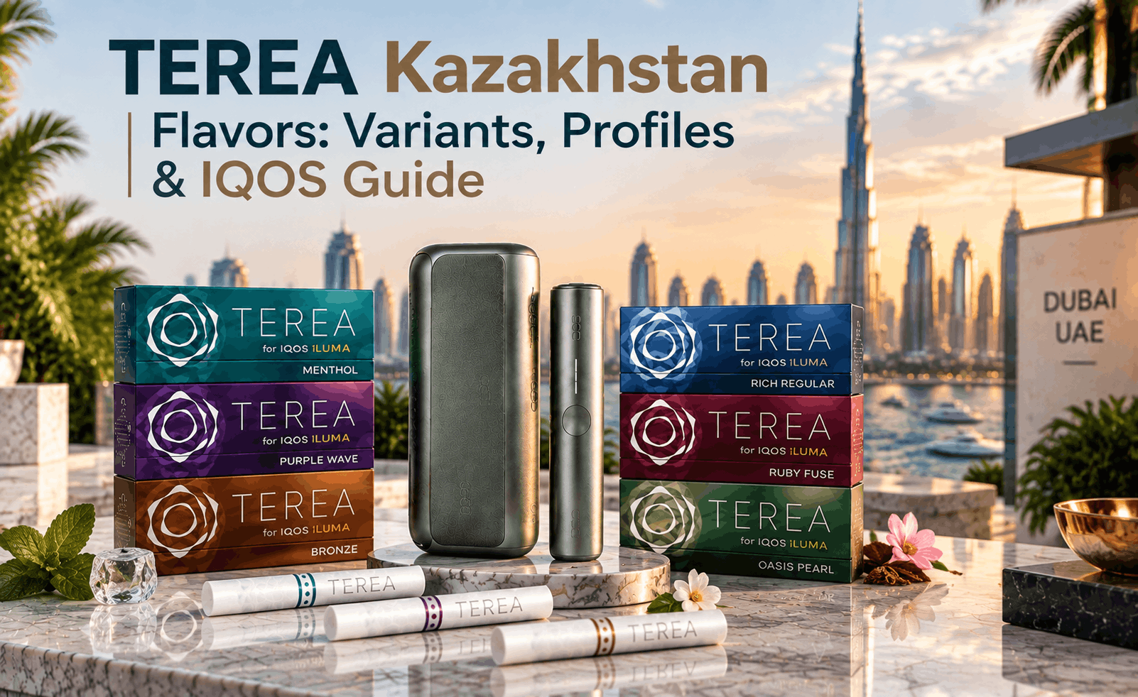 TEREA Kazakhstan flavor variants displayed with IQOS ILUMA device, including menthol, regular, bronze, and capsule options with a premium Dubai skyline background.