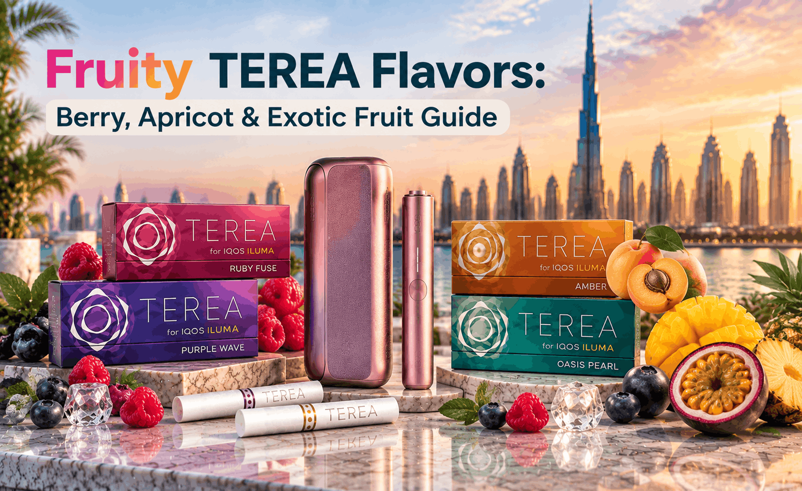 Fruity TEREA flavor guide featuring berry, apricot, and exotic fruit-inspired TEREA variants with IQOS ILUMA device in a premium Dubai skyline setting.