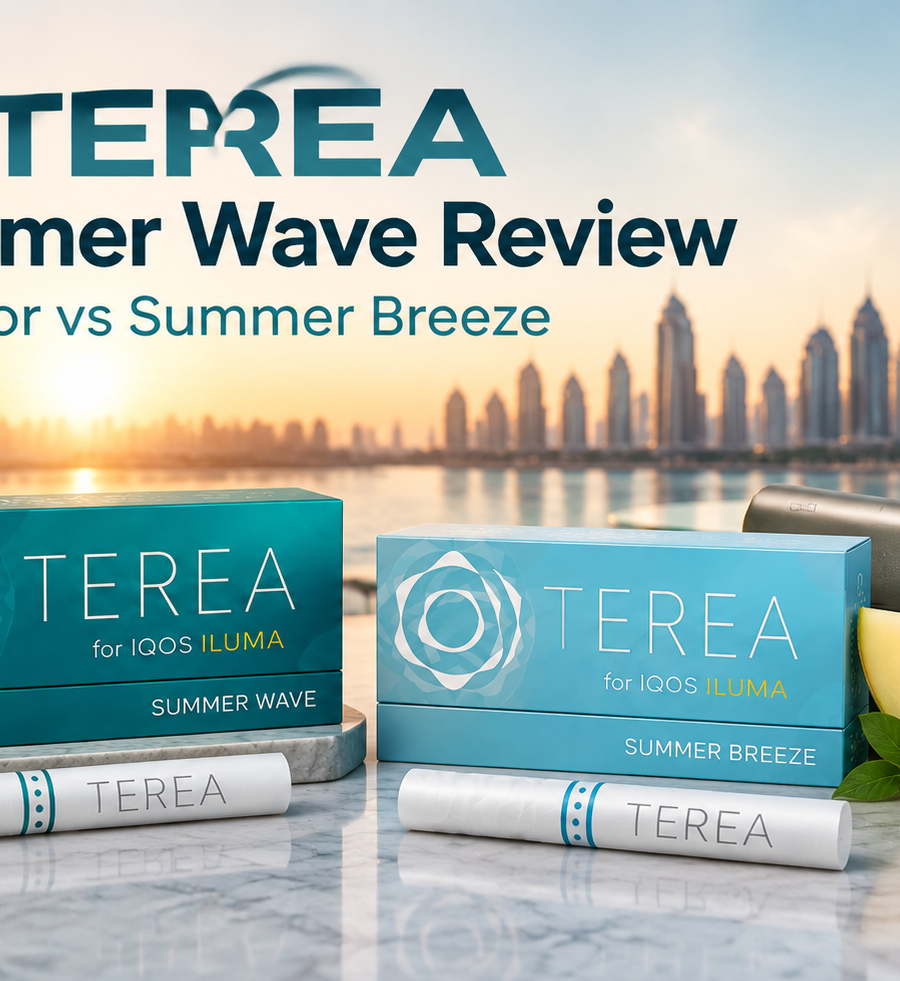 TEREA Summer Wave and Summer Breeze packs shown with IQOS ILUMA device, summer-inspired flavor visuals, and a Dubai skyline background.