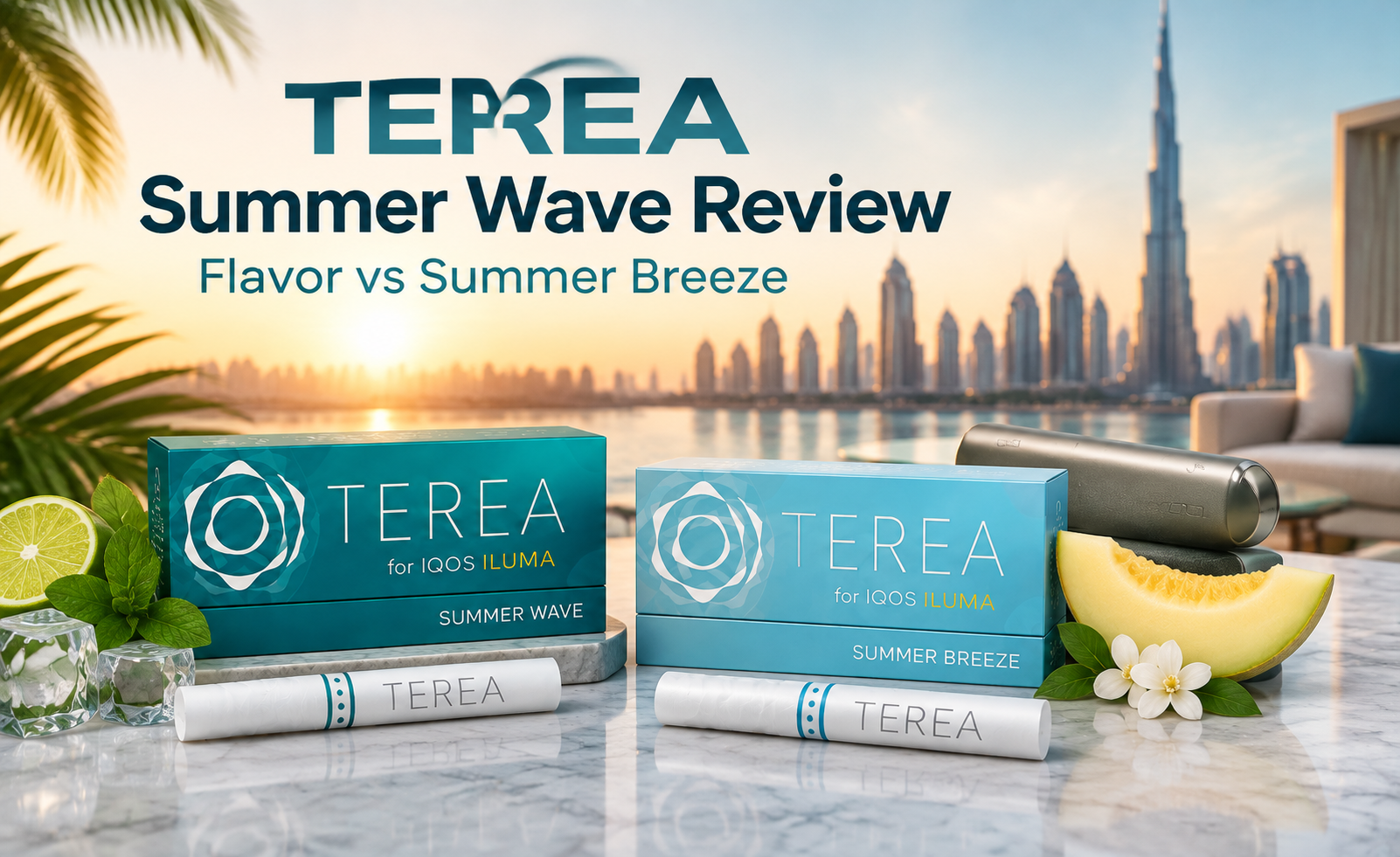 TEREA Summer Wave and Summer Breeze packs shown with IQOS ILUMA device, summer-inspired flavor visuals, and a Dubai skyline background.