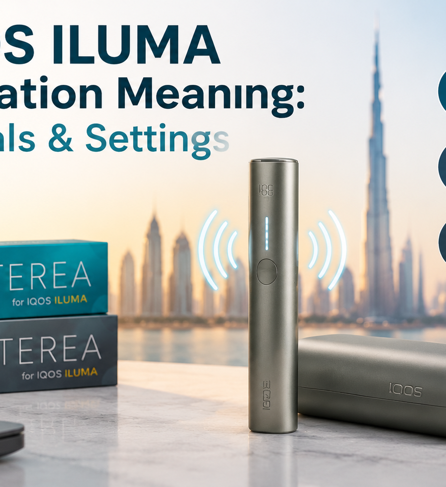 IQOS ILUMA device and charging case with TEREA packs, illustrating vibration signals, settings, and status indicators against a Dubai skyline.