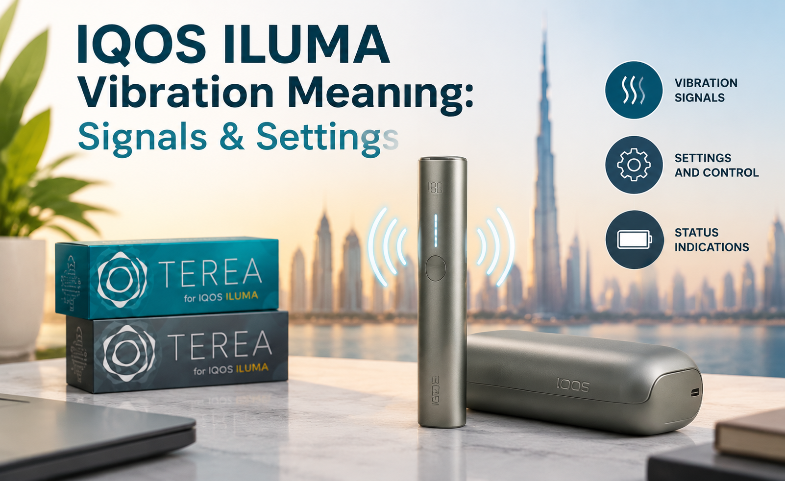 IQOS ILUMA device and charging case with TEREA packs, illustrating vibration signals, settings, and status indicators against a Dubai skyline.